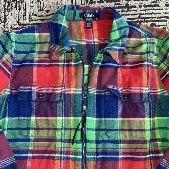 Vintage Chaps Zip Up Flannel Shirt Womens Large Colorful Plaid Top - Picture 2 of 8